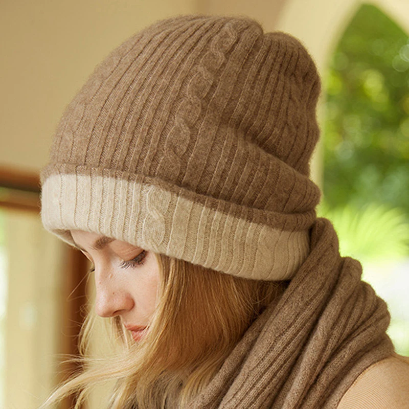 100% Pure Goat Cashmere Beanies for Women Winter Thick 2 Layer Wearable Soft Warm Twist Skullies Cap Girl Fashion Slouchy Hat 3