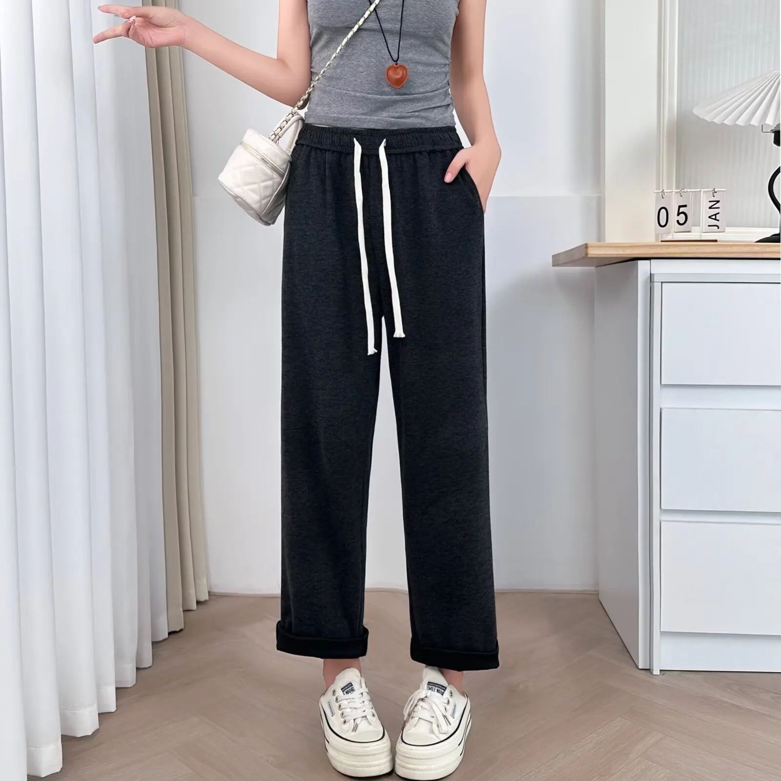 Plus Size Women's Straight Leg Pants 2025 Autumn New Style Simple And Casual Soft Drawstring Waist Trousers 666