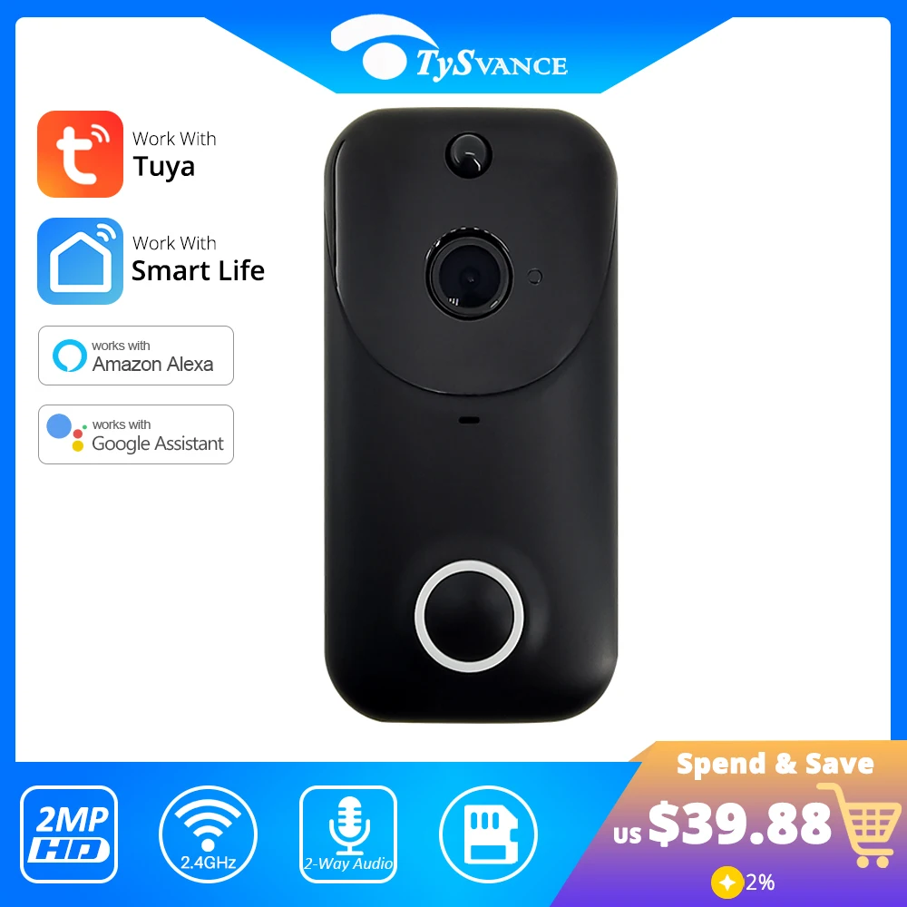 

Дверной звонок Tuya Smart Life, Wi-Fi, Full HD, 1080P, 2 МП