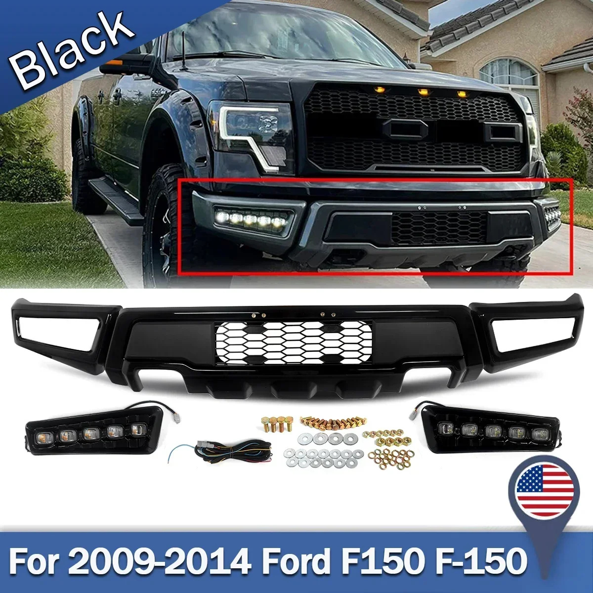 

Black Steel Front Bumper Raptor Style W/ Fog Light For Ford F150 F-150 2009-2014
