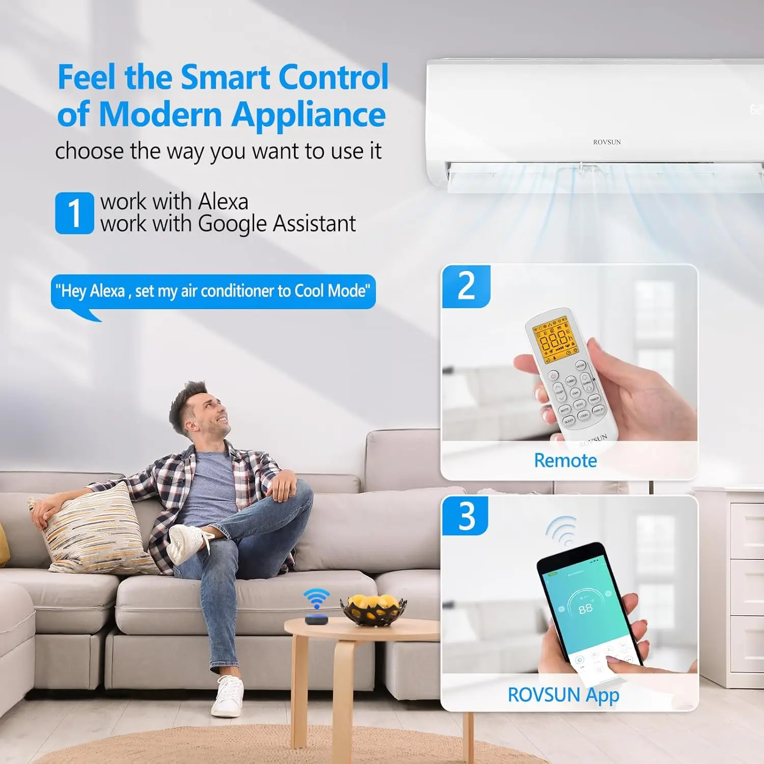 9000BTU Wifi Enabled Mini Split Air Conditioner & Heater, 19 SEER 115V Energy Saving Inverter Ductless Wall AC Unit with Pre 5