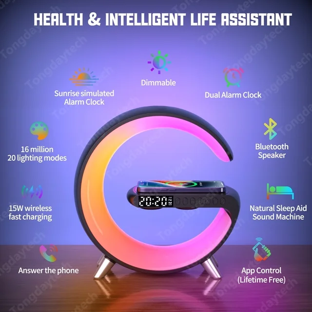 Multifunctional Wireless Charger Alarm Clock Speaker APP Control RGB Night Light Charging Station for Iphone 11
