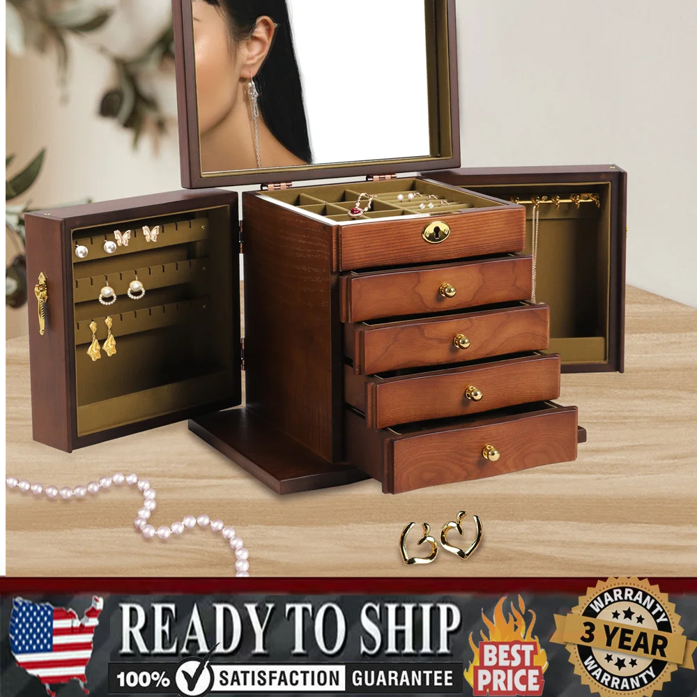 

5 Layers Wooden Jewelry Box for Women, Wood Organizer with Combo Lock for Jewelries Storage Box with Mirror