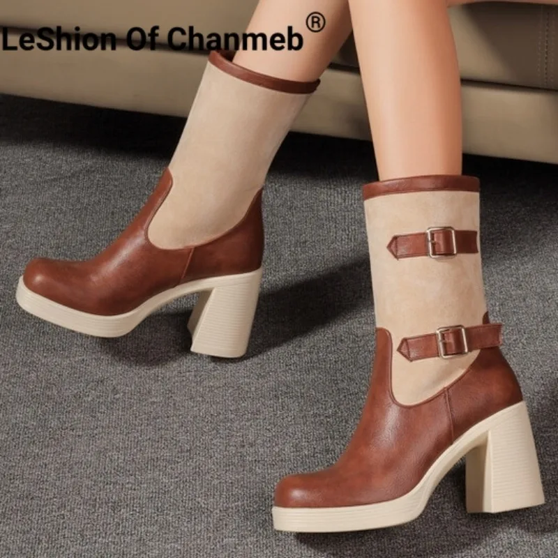 

LeShion Of Chanmeb Mid-Calf Boots for Women Chunky High Heeled Square Toe Goth Boots Brand Multi-Belt Buckle Shoes Autumn Winter