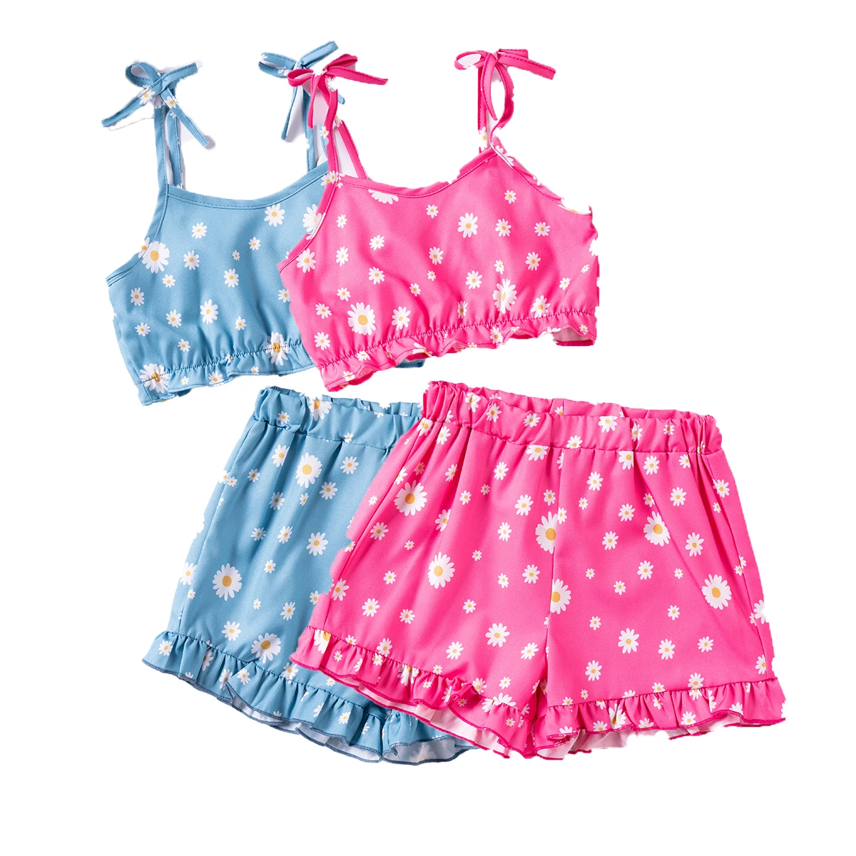 

Summer Girls' Suit Fresh Children's Clothing Small Daisy Two-piece Bow Tie Halter Top + Shorts Comfortable and Skin-friendly