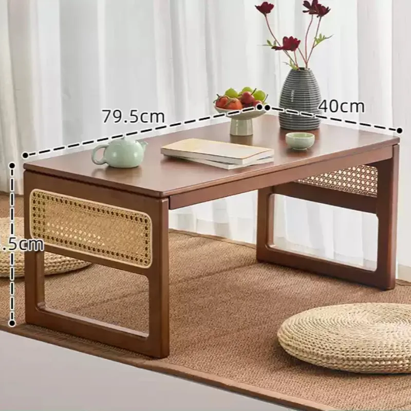 Foldable Tatami Bay Window Table, Japanese Rattan Tea Stand, Compact Floor Coffee Table, Low Desk for Balcony or Window-Side
