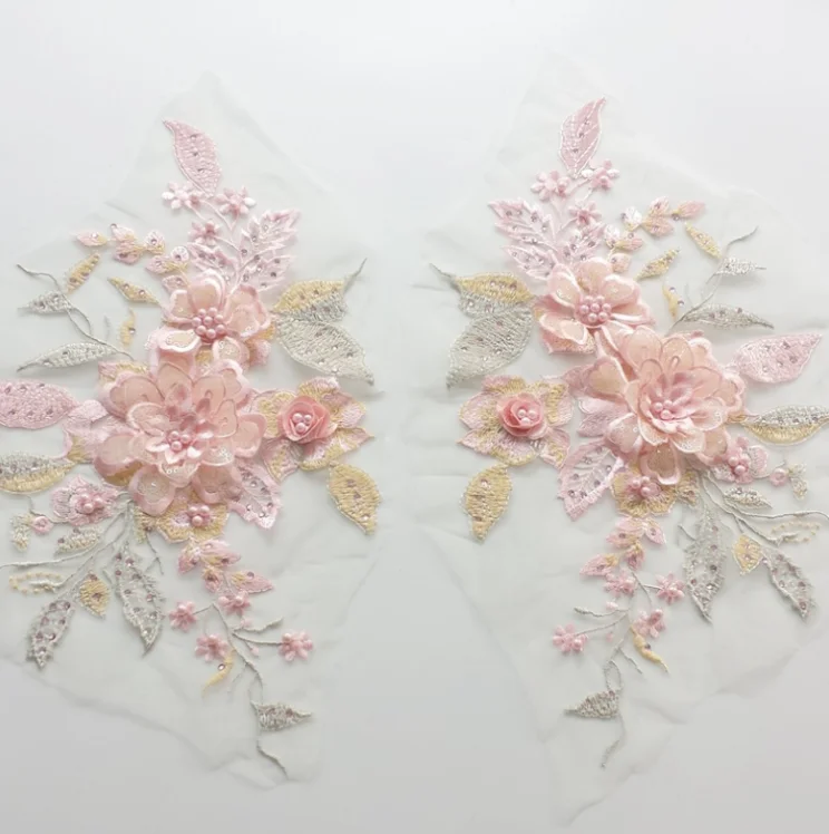 1 PC 핑크 꽃 공예 꾸밈 의류 모티브 자수 넥 라인 레이스 칼라 DIY 바느..