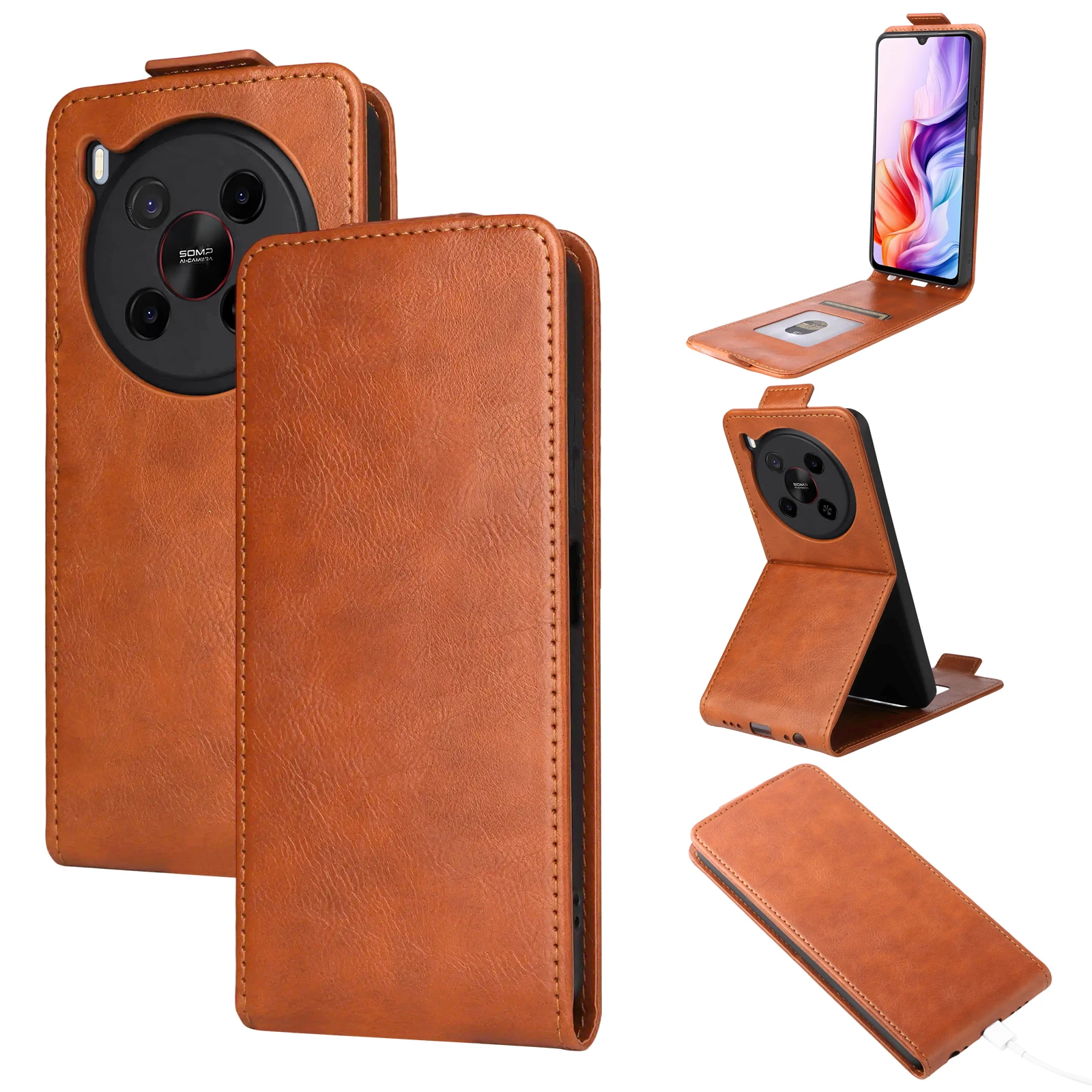 Luxurious Retro Leather Flip Case - Vertical Book Style with Card Holder and Stand Feature