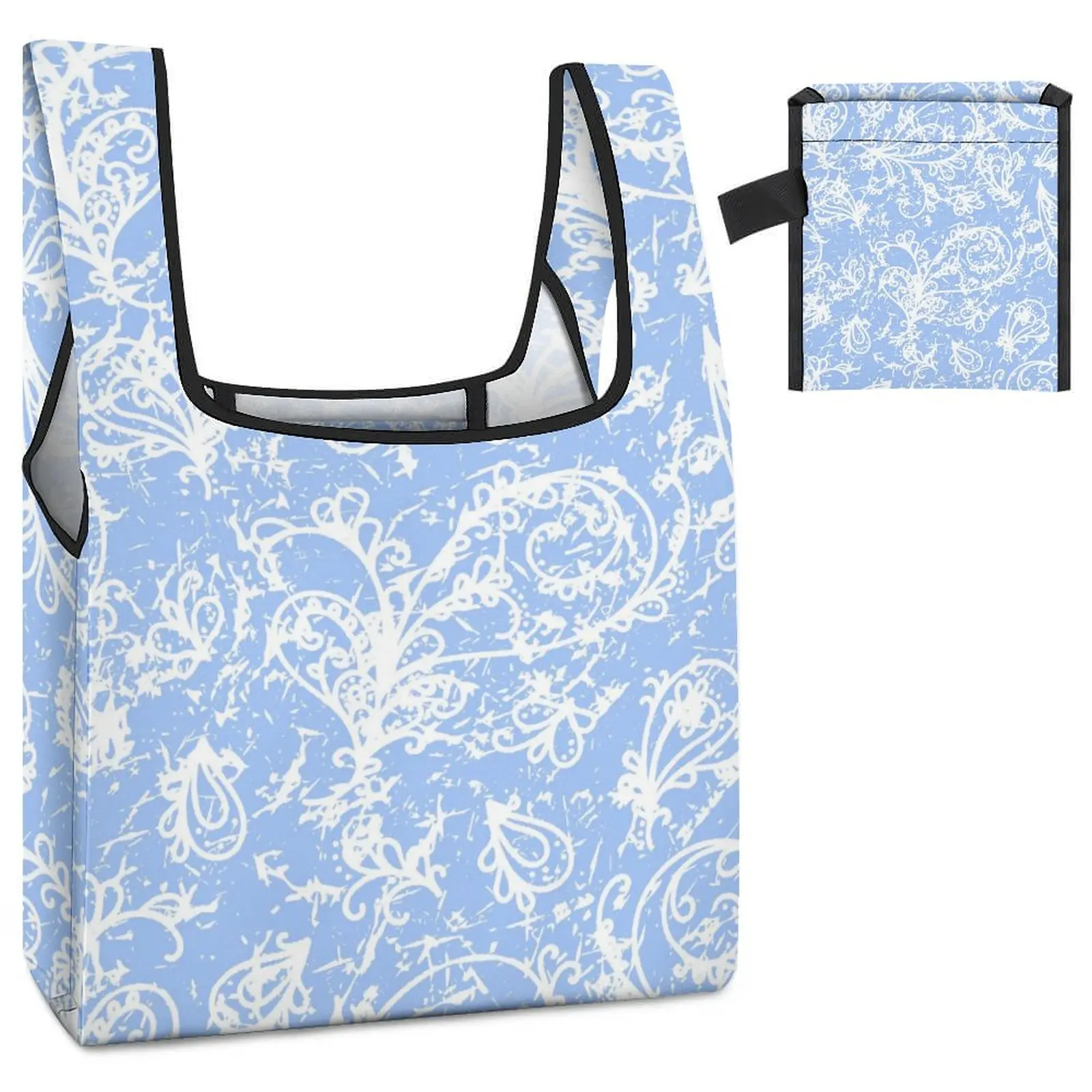 Customized Printed Shopping Bags Color Blocked Tote Blue Pattern Printing Tote Handbag Straps for Crossbody Custom Pattern