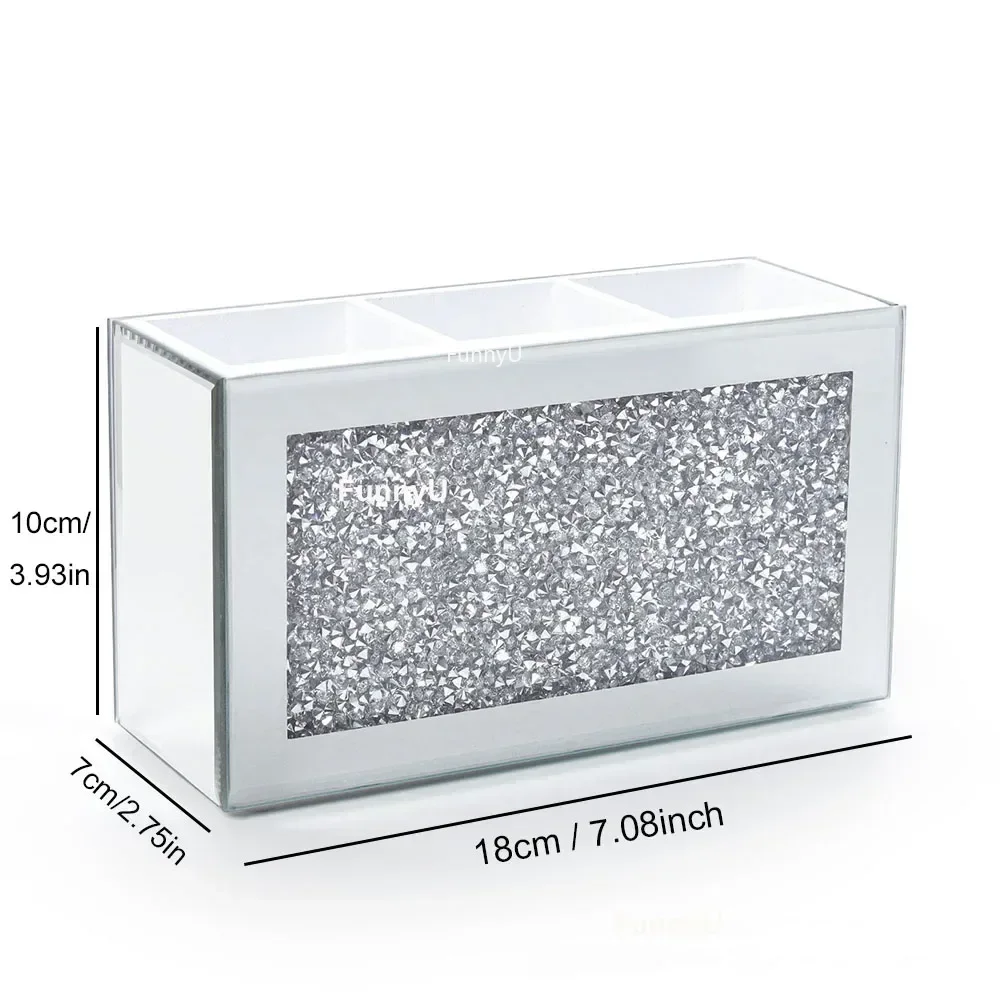 Crushed Diamond Makeup Brush Holder Organizer Glass Mirrored Remote Control Organiser Holder Container Accessories Desktop Decor 6