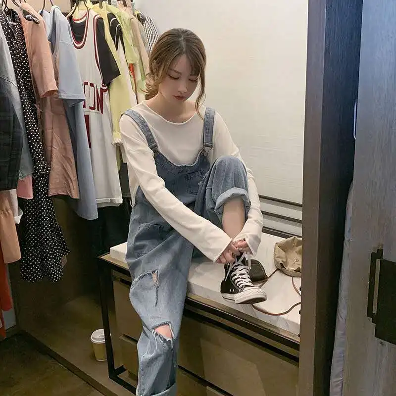 

Женский джинсовый комбинезон, синий прямой длинный комбинезон с широкими штанинами, модель Q486 в Корейском стиле на весну, 2024