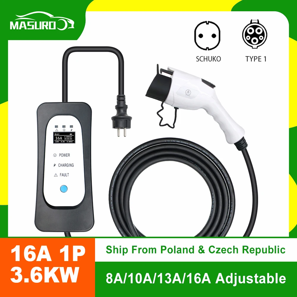 

Level 2 EVSE Charger 1 Phase 16A J1772 Type 1 Adjustable Home Car Charging Schuko Plug Portable Electric Car Charger