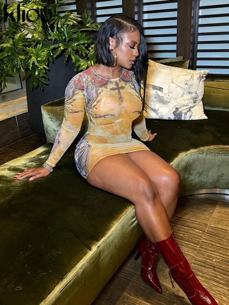 kliou Aesthetic Panelled Print Fall Dress Women Fashion Full Sleeve Round Neck Body-shaping Robe Female Classic Street Vestidos 3