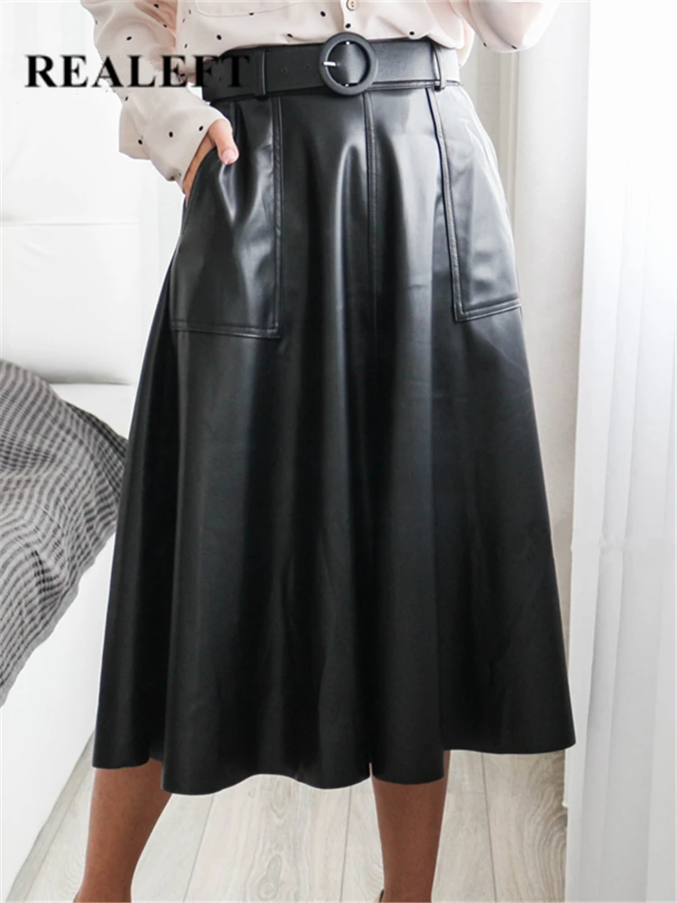 

Юбка-миди трапециевидная из искусственной кожи с поясом и высокой талией