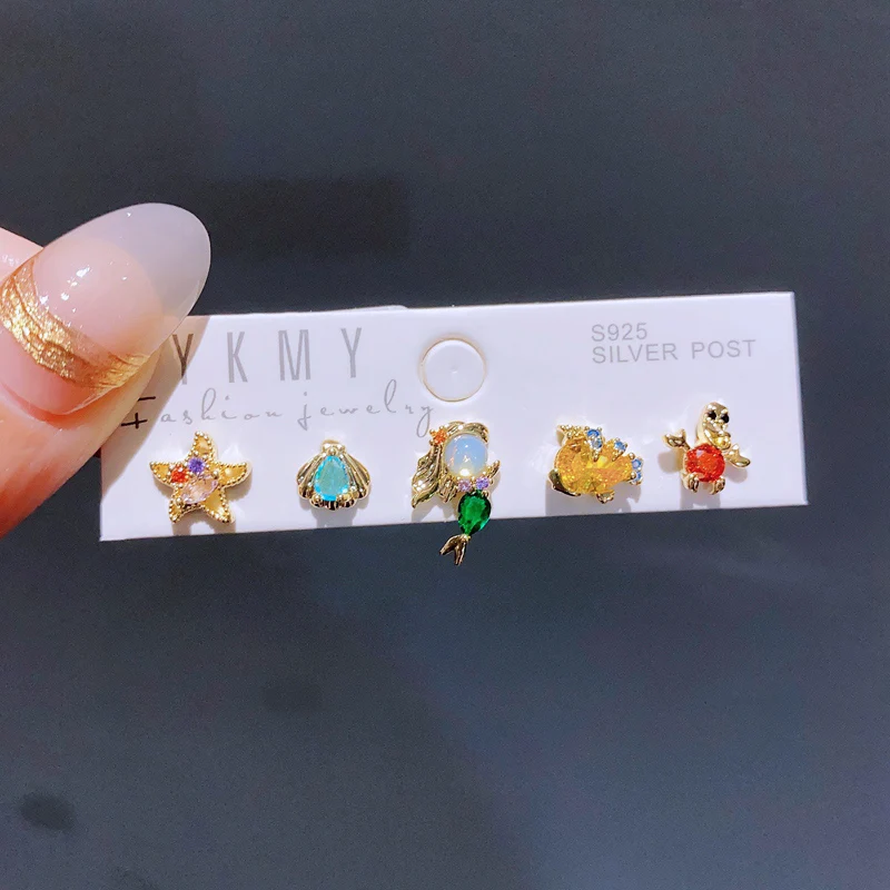 Mixed 5pcs/Set Colorful Zircon Crystal Fairy Tale Stud Earrings for Women Girls Party Gift Jewelry 2