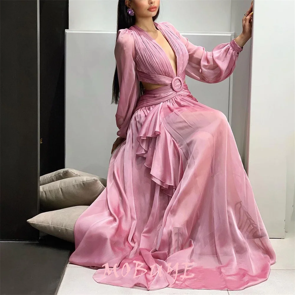 

MOBUYE 2024 Popular V Neckline Prom Dress Floor-Length With Long Sleeves Evening Fashion Elegant Party Dress For Women