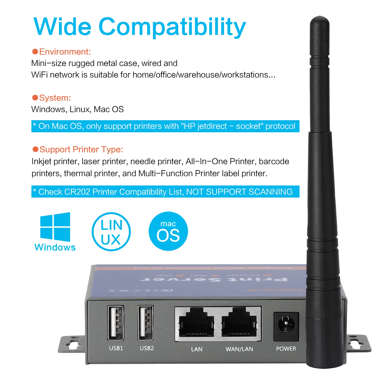 Server di stampa Wireless CR202 con 2 porte USB per stampante domestica da ufficio condividi converti stampante USB in Wireless (il vecchio modello è PS2021)