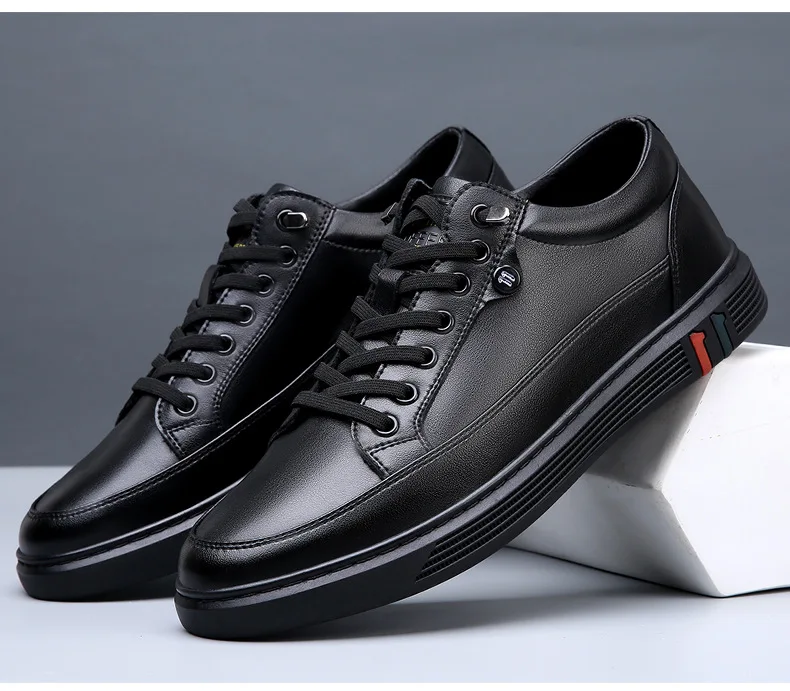 New Shoes for Men Genuine Leather Casual Shoes Spring Autumn Cool Black Flat Skateboard Shoes Youth Fashion Slip-on Sneakers 3