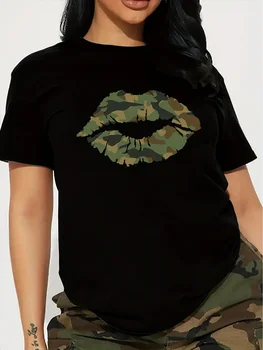 Camouflage Lips Women's Tee, Camo Print Black Casual Top 1