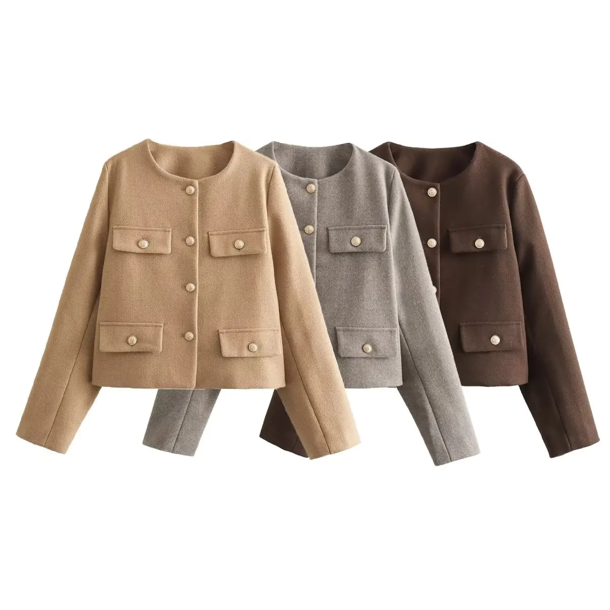 

Women New Fashion Flip decoration Cropped Textured Jacket Coat Vintage Long Sleeve Button-up Female Outerwear Chic Overshirt