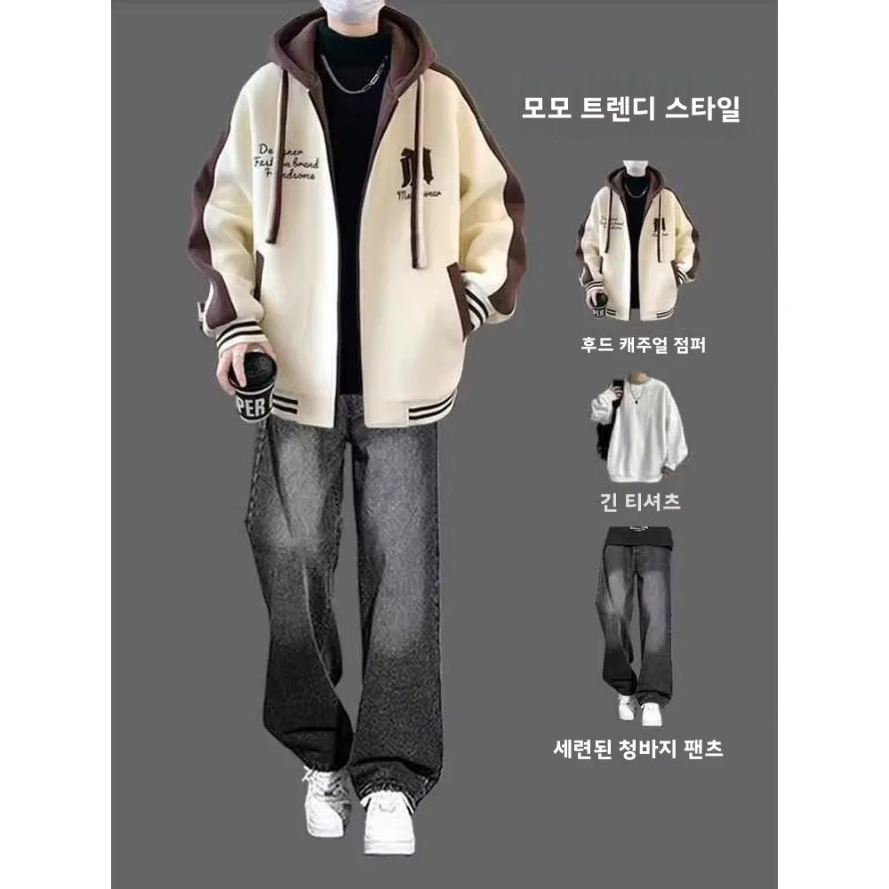 미국 복고풍 야구 재킷과 스웨트셔츠 세트 남성용 캐주얼 스포츠웨어 봄 가을 3피스 슈트 긴팔 바지