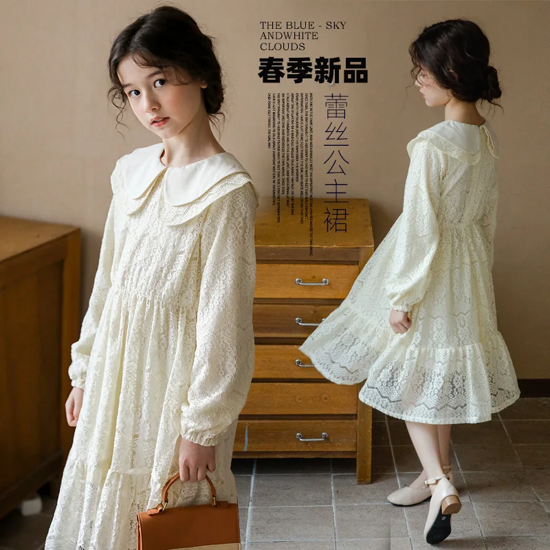 

Girls' Doll Neck Dress Spring and Autumn Dress New Youth Children's Long Sleeve Lace Dress Casual Party Princess Dress