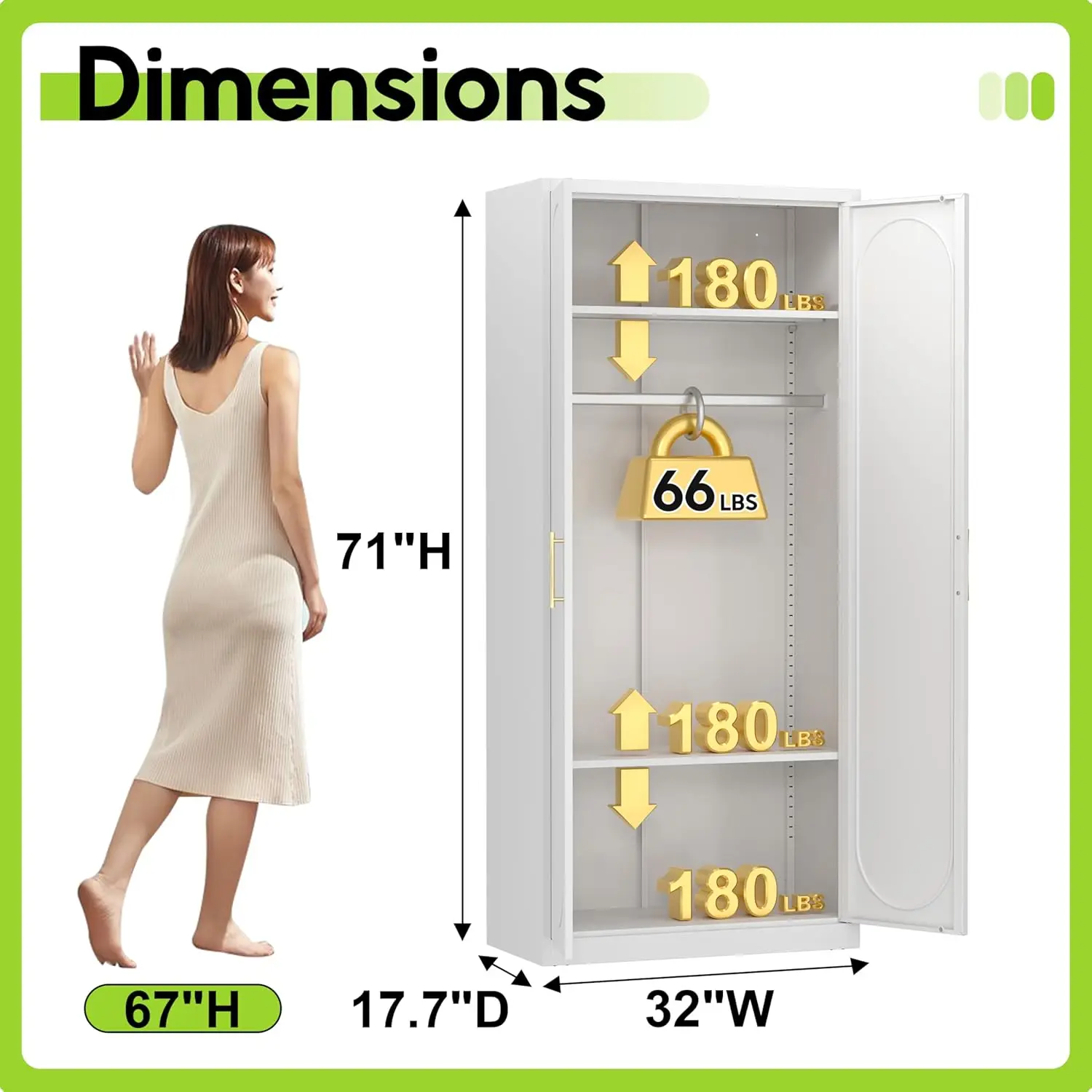 Armoire Wardrobe Closet with Doors 71'' Wardrobe Cabinet with Hanging Rod Metal Closet with 2 Adjustable Shelves for Bedroom