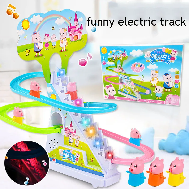 Electric Duck Track Rail Racing Slide Piggy Climbing Stairs Baby Toy LED Lights Musical Slide Roller Coaster Toys for Gift 4