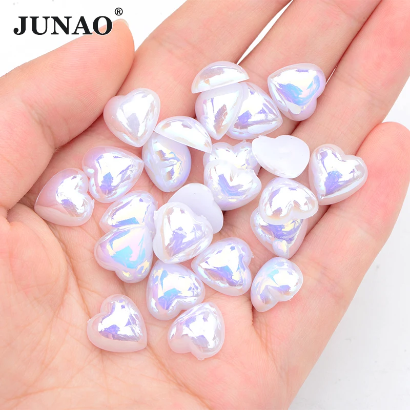 

JUNAO 12mm flatback pearl White AB Color Heart Flatback Pearl Imitation Pearls Beads Loose Half Pearls For DIY Decorations