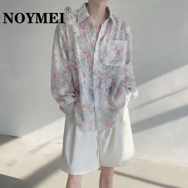 

NOYMEI Flower Printing Long Sleeve Shirt Male Turn-down Collar Fashionable Koran Style Summer 2024 Top Chic Simple WA4172