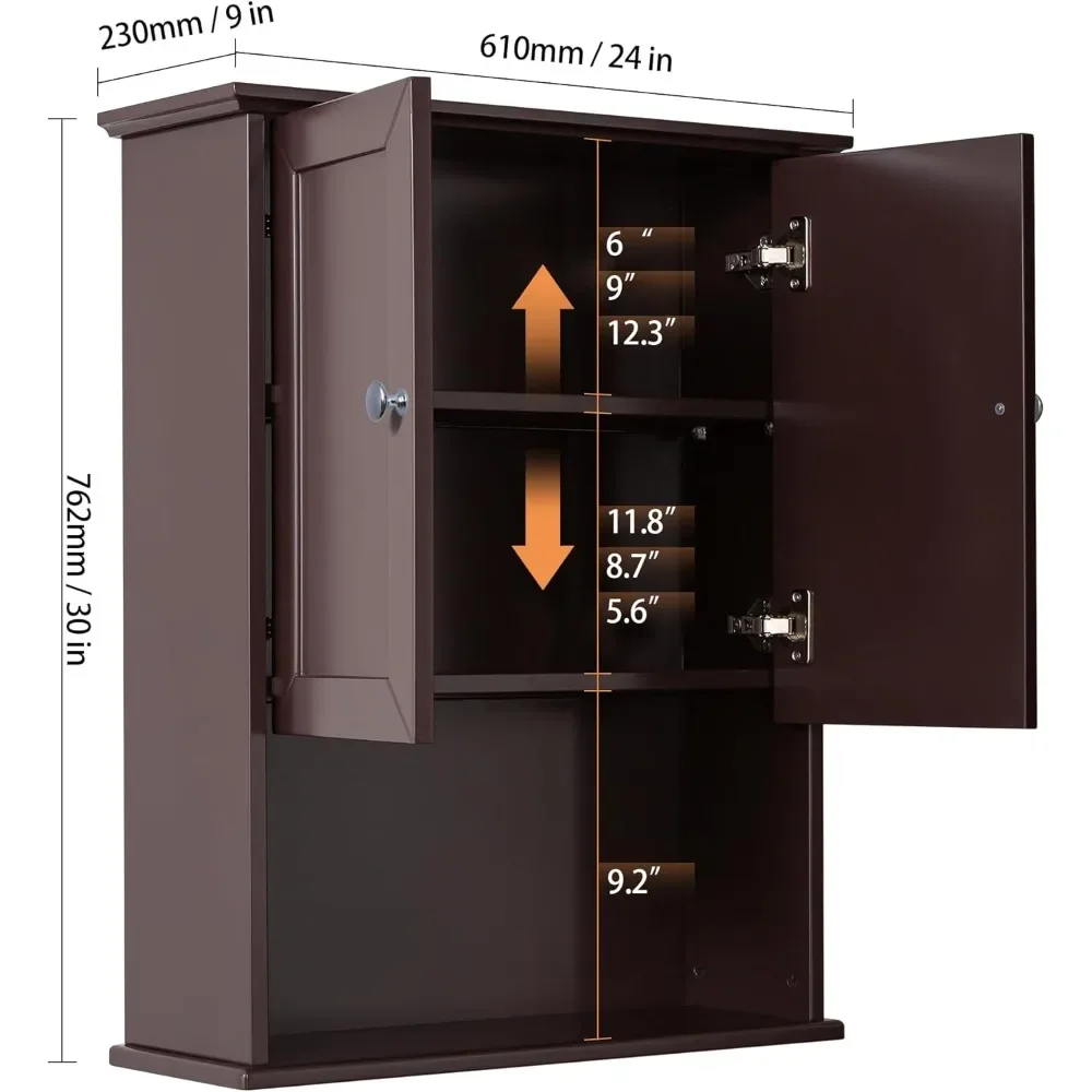 NEW-Bathroom Wall Cabinet Expresso Over Toilet Storage - 24x30 in Above Toilet Wood Medicine Cabinet with Adjustable Shelf & 2 D