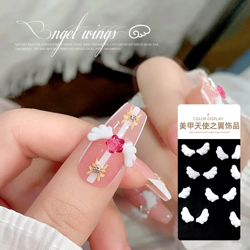 

100Pcs White Angel Wings Nail Art Charms Left right Resin Kawaii Half Cupid Wings Nail Gems Rhinestones For Nail Tips Decoration