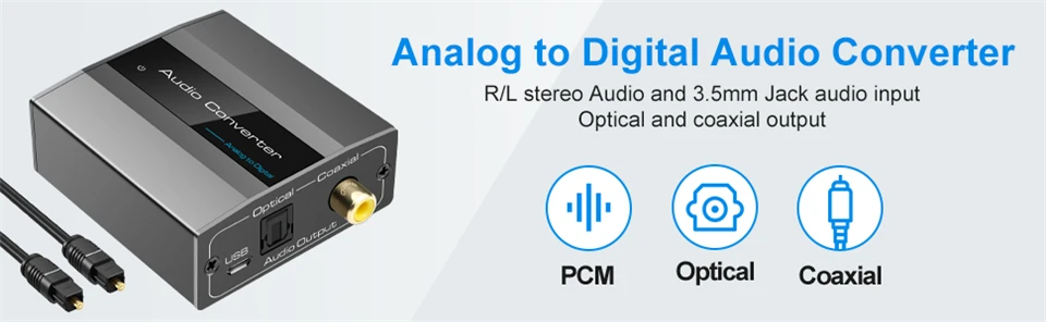96KHz Analog to Digital Audio Converter With RCA 3.5mm Jack Stereo to Optical To
