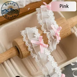 Elegant Bow Pleated Lace Ruffle Ribbon for DIY Crafts and Sewing Projects (Pink)