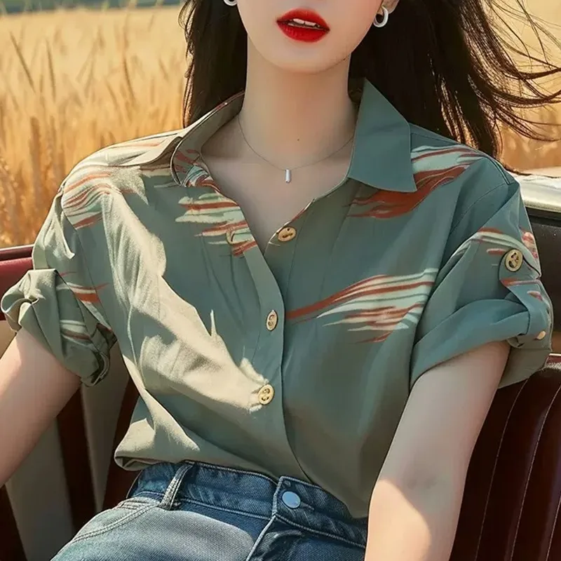 

Шифоновые женские блузки, летние новые винтажные женские рубашки с принтом, свободная Корейская одежда, распродажа, модные топы с коротким рукавом