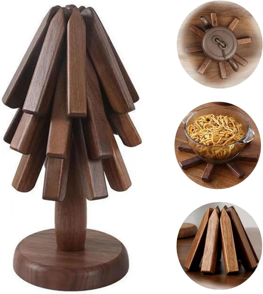 Set Di Sottopentola In Legno A Forma Di Albero, 4 Pezzi + Supporto, Sottopentola Pieghevole Per Piatti Caldi, Design Naturale E Salvaspazio