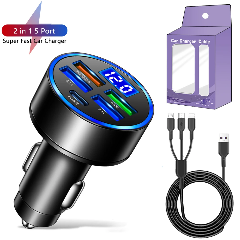 250WLEDCarCharger5PortsFastChargePDQC30USBCCarPhone