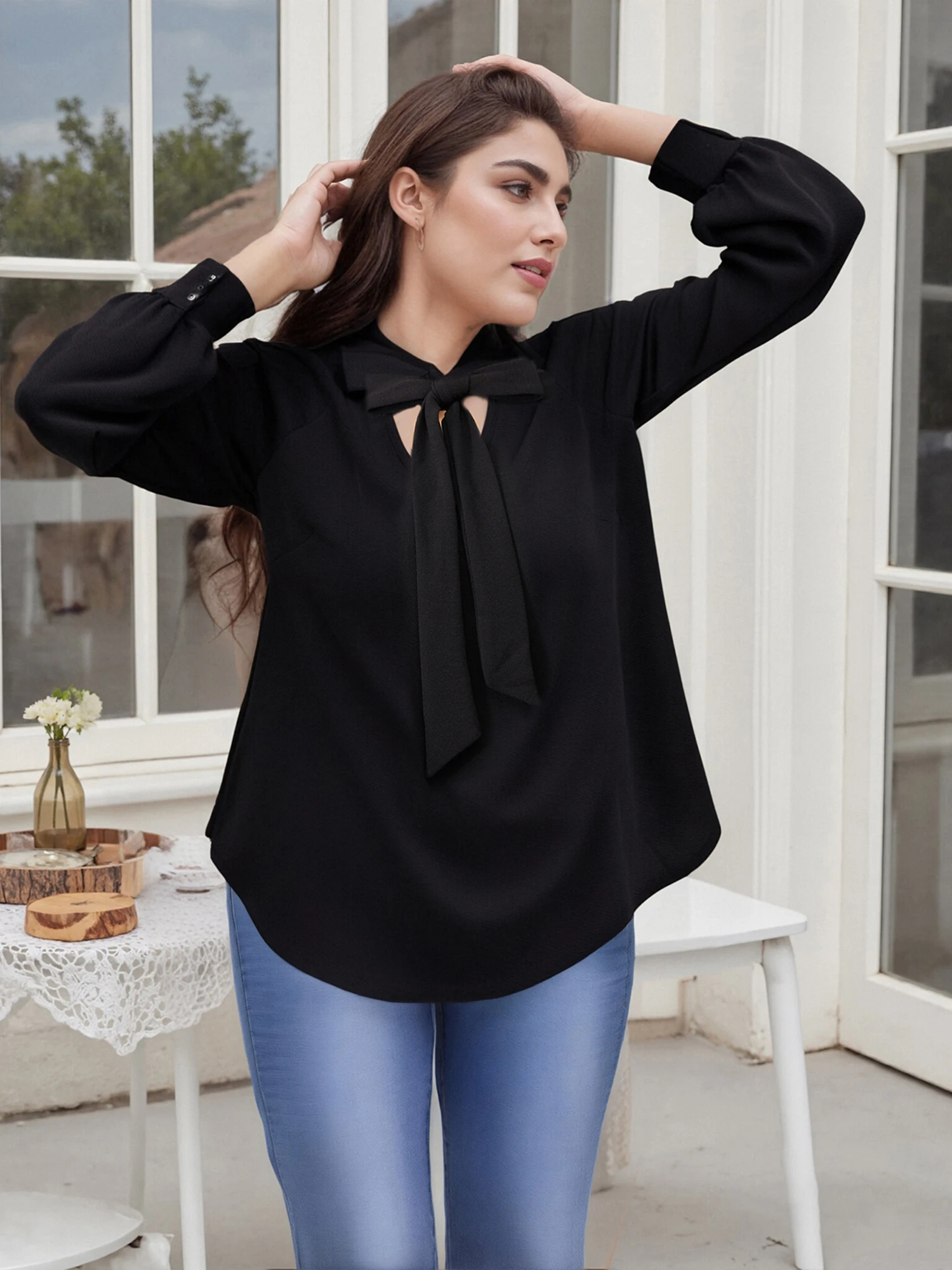 Women s Fashion Long Sleeve Tie-up Loose Solid Color T-shirt for Casual Daily Wear in Autumn Streetwear Style