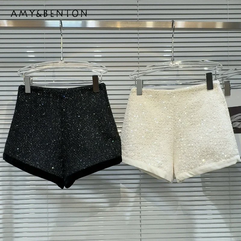 

2023 Winter New Fashion Velvet Edge Sequined Tweed Elegant Socialite Zipper Short Pants Women's Clothes Y2k Shorts Streetwear