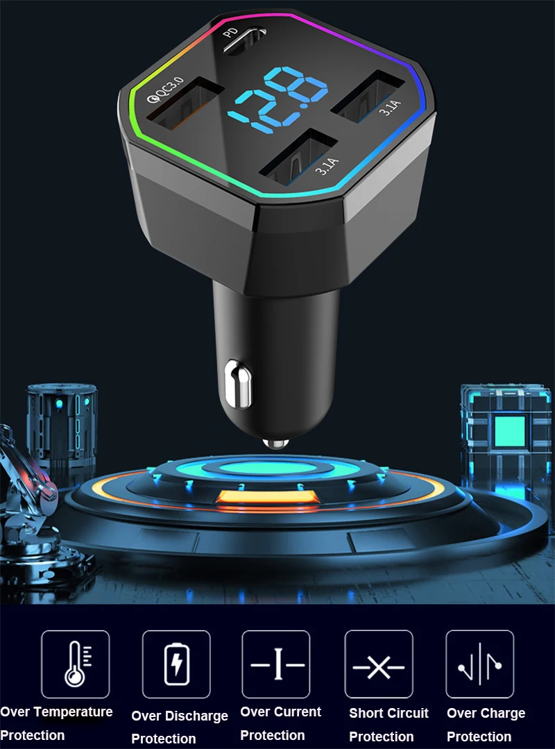 4 Ports LED Voltage Display Fast Car Cigarette Lighter USB C Car Charger for iPhone 16 15/14/13/12/11 Xiaomi Huawei Samsung
