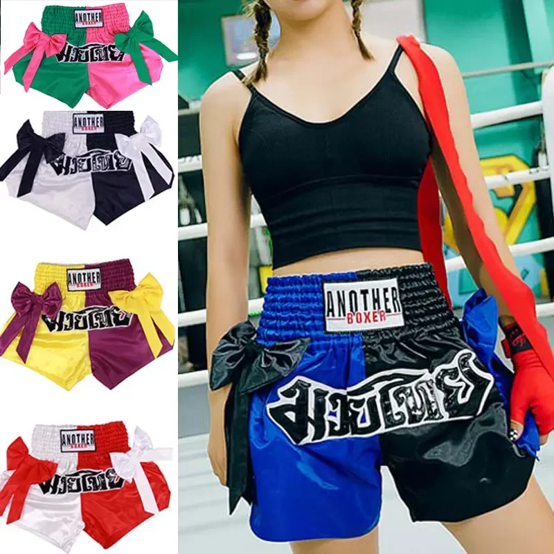 여성 무에타이 복싱 반바지 멋진 Bowtie 전문 경쟁 훈련 MMA Bjj 킥 복싱 트렁크 어린이 성인 XS-XXXL