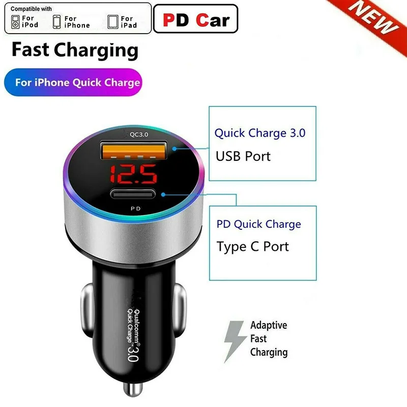 QC3.0 + 2.4A  USB   LCD ÷, 12-24V      ڵ USB  ׷̵