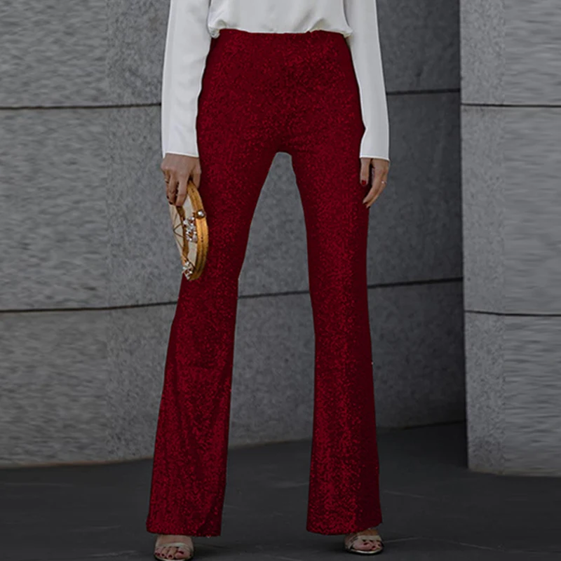 

Party Fashion Elastic Waist Flare Pants Elegant Glitter Sequins Long Pants 2024 Slim Women Shinny High Street Trousers New