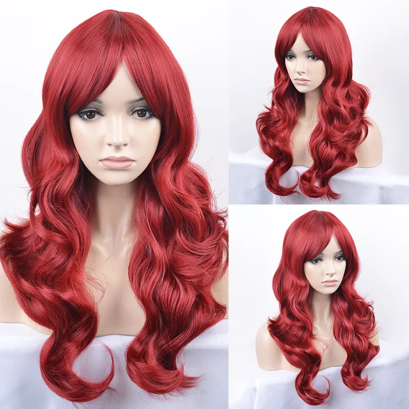 

Long Ombre Women’s Wine Red fluffy Large Wavy Curly Bangs Cosplay Wig