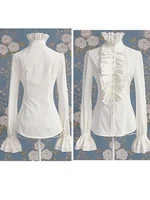 Mode victorienne femmes hauts volants à manches longues à volants couleur unie OL bureau chemise froufrous poignets col haut Blouse automne hauts 4