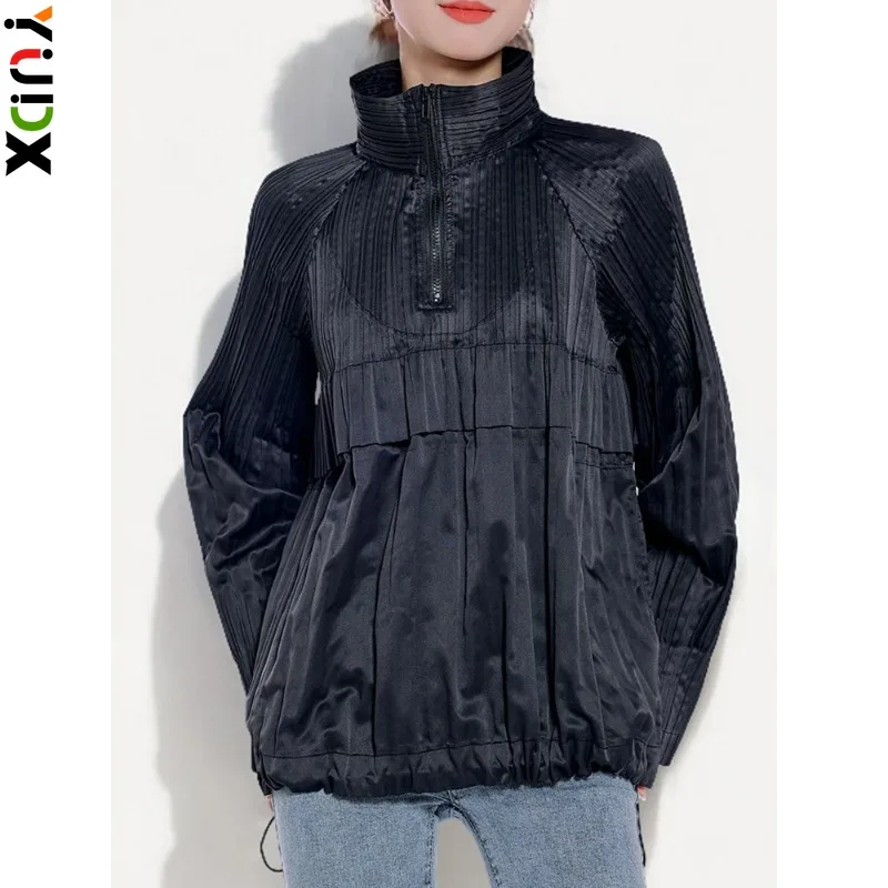 yudx-miyake-primavera-nuova-felpa-plissettata-tinta-unita-donna-colletto-con-cerniera-pullover-larghi-moda-2024-primavera-nuovo-abbigliamento