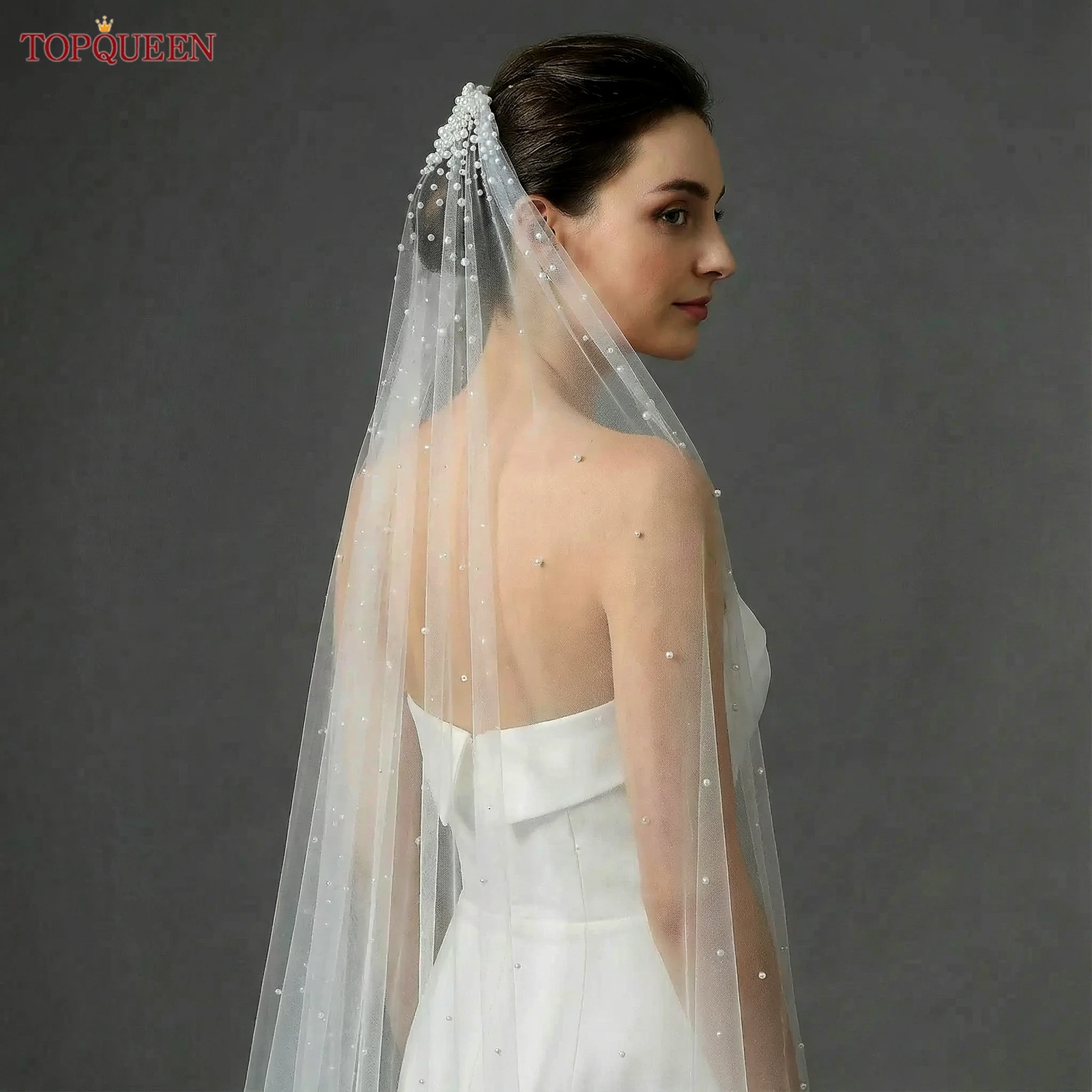 TOPQUEEN Perlen Braut Schleier mit Kamm Hochzeit Schleier 1 Tier 3 Meter Luxus Lange Hochzeit Schleier Braut Haar Zubehör Hochzeit v180 – Detail 8