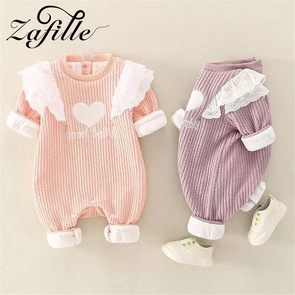 

ZAFILLE Winter Girls Rompers Lace Flying Sleeve Baby Clothes Thickening Newborn Jumpsuit For Kids Toddler Costume Heart Outfits