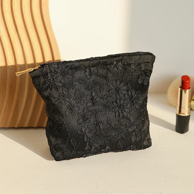 Black embroidery women's makeup bag, portable small makeup change storage bag, travel card case, key case, inner tank bag 2