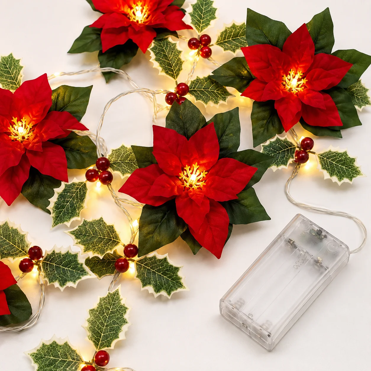 1pc 10/20 LED Christmas Artificial Flower and Red Berry String Light Battery Powered Fairy Lamp For Home Bedroom Christmas Decor